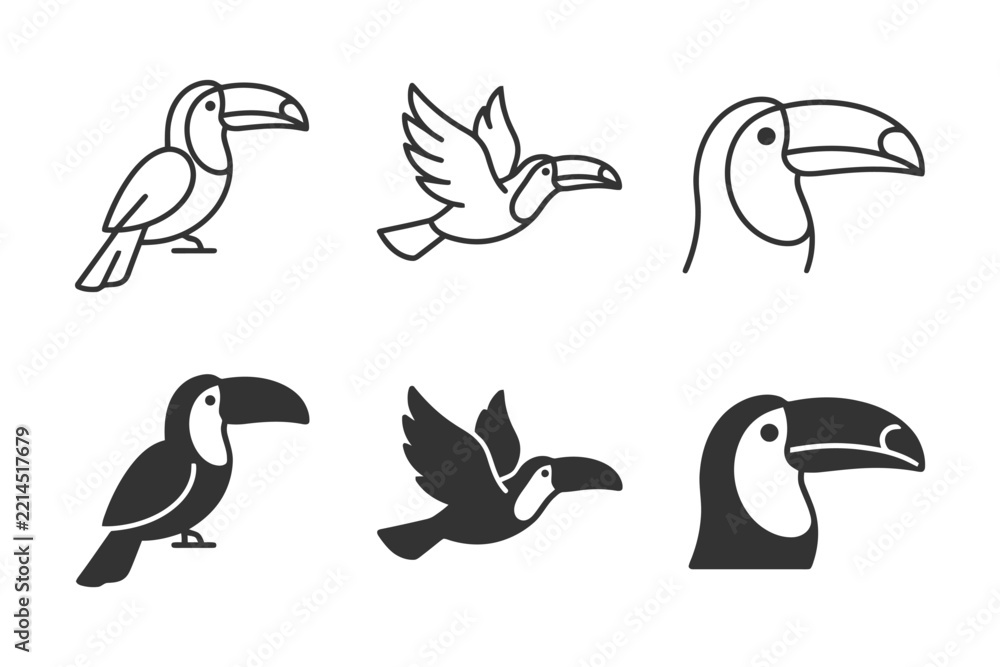 Obraz premium Toucan illustrations: flying and perched tropical bird silhouettes.