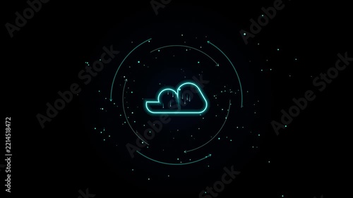 Neon cloud computing with rotating digital data particles and hud interface digital technology neon data storage