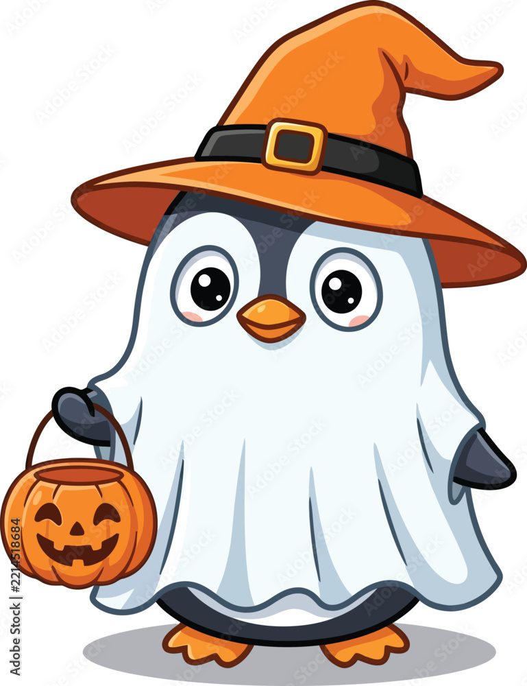 Fototapeta premium Cute Halloween penguin in ghost costume, adorable witch hat bird vector, spooky trick or treat pumpkin bucket illustration, holiday mascot graphic
