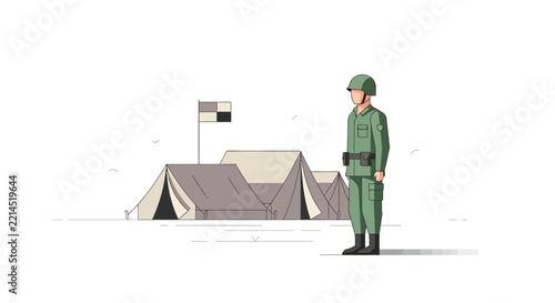 Soldier in uniform at a military campsite, isometric illustration