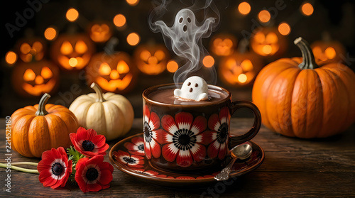 Spooky halloween scene featuring jack o lanterns and a ghostly hot beverage