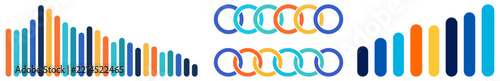A collection of colorful vertical bars and circular icons representing data visualization and business analytics concepts