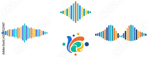 Set of colorful digital sound wave icons and abstract musical elements on a clean white background