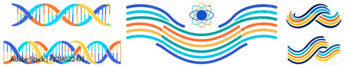 Set of colorful dna double helix structures and abstract wavy lines representing genetic research and biotechnology concepts