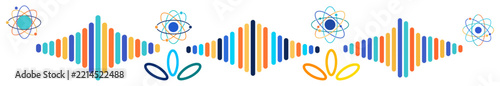 Abstract colorful sound wave visualization combined with hand drawn flower doodles on a white background