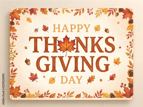 Festive happy thanksgiving day greeting with autumn leaves and warm tones