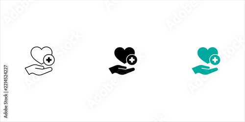 Minimal outline icon set of a hand supporting a heart with a medical cross, symbolizing healthcare, medical assistance, patient care, health protection, and wellness services.