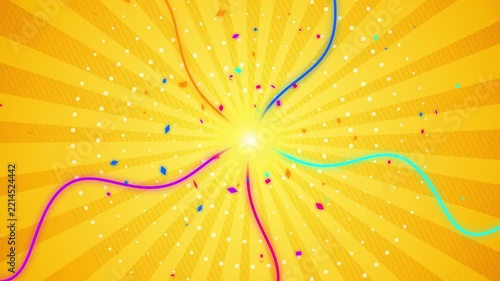 Vibrant celebration background, with colorful wavy, lines and confetti, bursting from center, party festive