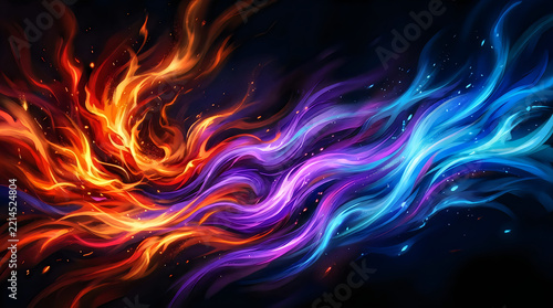 Dynamic energy flow depicting opposing forces of fire and ice