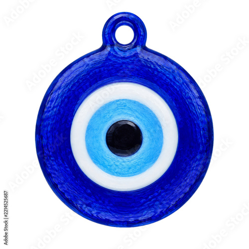 Traditional blue glass evil eye amulet isolated on a clean white background for protection decor