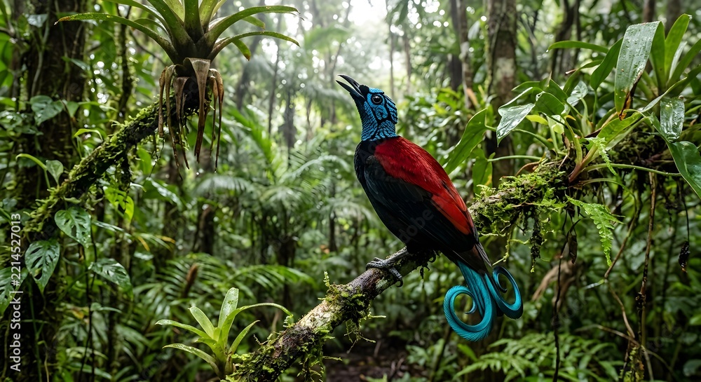 Fototapeta premium Red Billed Hornbill and Red Billed Toucan in Tropical Jungle with Colorful Feathers and Beak Perched on Tree Branch Exotic Wildlife Bird Nature Scene