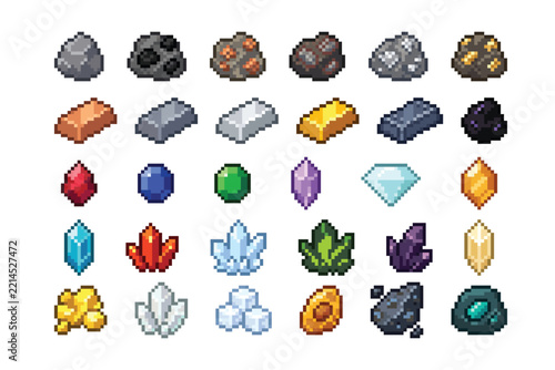 Pixel Art Mining Ores Metal Ingots and Gems Vector Set