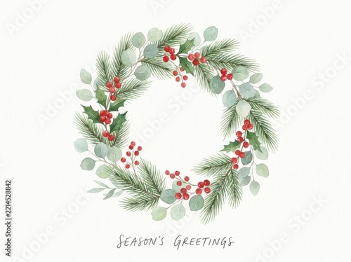 Hand Painted Watercolor Holly Wreath Seasonal Greeting Card.