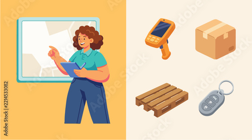 Flat Illustration Woman Using Tablet with Logistics Icons