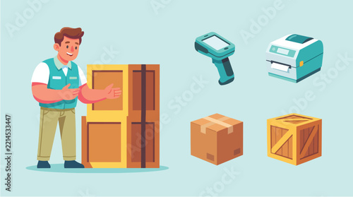 Warehouse Worker Scanning Package with Barcode Scanner and Printer