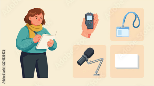 Woman Using Clipboard with Microphone and Audio Equipment Set