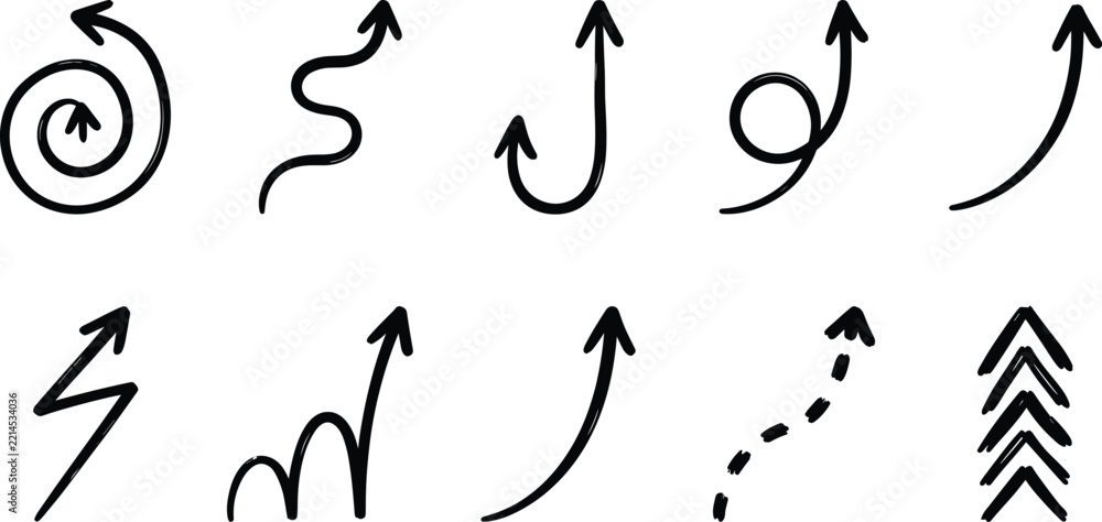 Fototapeta premium Set of hand-drawn black upward arrows in various sketch styles for progress and direction concepts