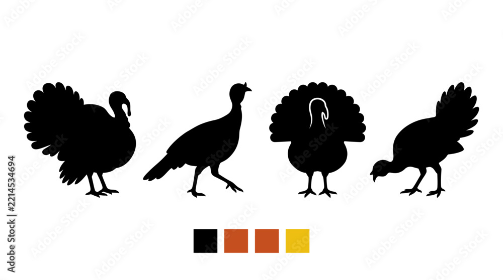 Fototapeta premium Thanksgiving turkey silhouettes set, black vector icons isolated on white for festive design