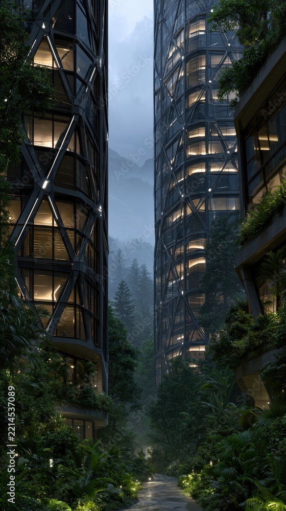 Fototapeta premium Highrise towers integrated with vegetation in forest canyon