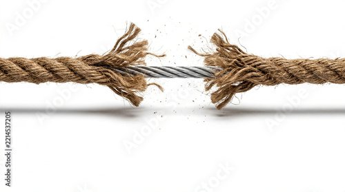 Conceptual image of a frayed rope breaking under tension to reveal a strong steel cable inside, symbolizing resilience, reliability, and nerves of steel, isolated on white