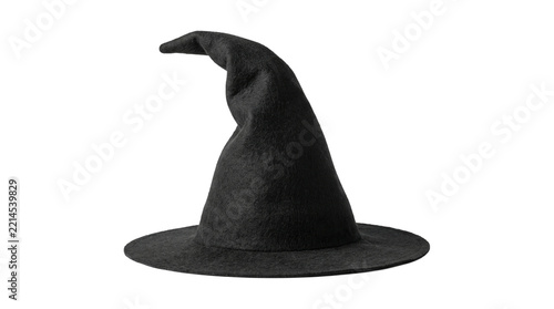Black witch hat with curved tip made from felt fabric for halloween costume parties and magic theme.