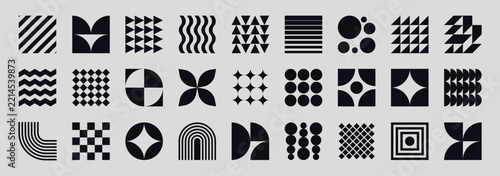 collection of black geometric seamless patterns, minimalist icons, bold brutalist aesthetic abstract backgrounds, optical illusions, checkerboards, circles, waves, grids and symmetrical shapes