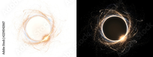 Radiant golden eclipse ring surrounded by swirling particles and a bright flare of glowing light perfect for PNG, Transparent and Black Background Versions designs
