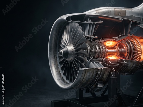 Cross Section of Aviation Jet Engine with Glowing Combustion Chamber