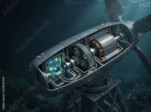 Cross Section of Underwater Tidal Turbine Generating Renewable Energy