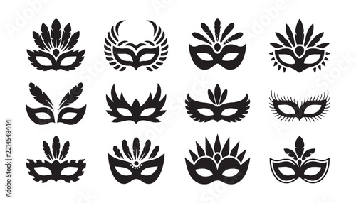 Black masquerade mask silhouettes with decorative feathers on transparent background for party.