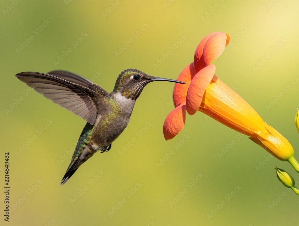 Naklejka premium Giant hummingbird flies near bright orange flower to collect nectar. Small bird hovers mid air with wings spread wide. Wild animal feeding on tropical blossom in nature. Beautiful wildlife shot in