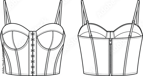 Women's corset bustier crop top technical fashion flat sketch with front hooks and back zipper.