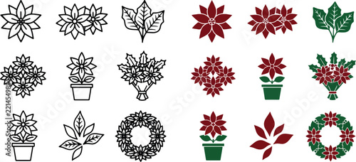 Poinsettia Flower Icon Collection with Christmas Floral Arrangements Holiday Wreaths Festive Plants and Seasonal Vector Illustrations
