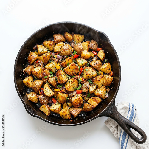 Golden roasted potatoes in cast iron skillet with herbs and peppers
