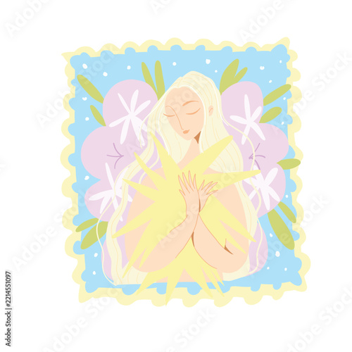 Young woman gently holding a star as a symbol of dreams, hope and love for oneself. Inspirational vector graphic isolated on a white background.