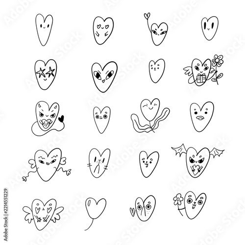 Adorable heart characters featuring wings, tiny fangs, cute ears and expressive eyes. Playful Valentine’s Day outline sticker collection on white.
