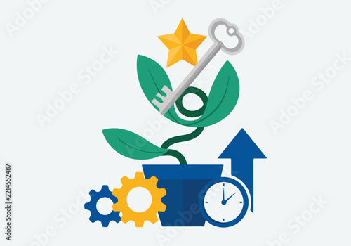 Creative Growth Concept with Rising Arrow Clock Gears and Emerging Plant