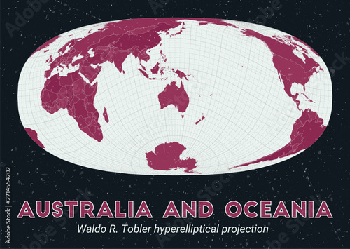 Australia and Oceania. World map. Waldo R. Tobler hyperelliptical projection centered to Australia and Oceania. Pale Mint Dark Pink palette. Vintage texture. Stylish vector illustration.