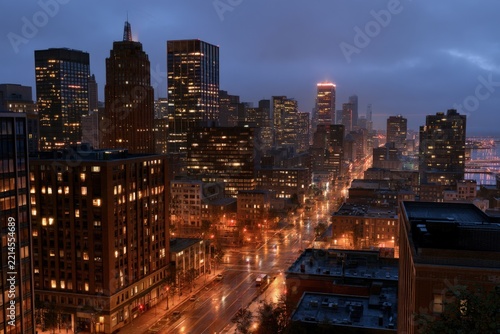 Rain-slicked streets glow under city lights at dusk