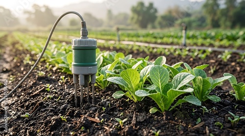 Soil moisture sensor monitoring young vegetable crops in a farm field
