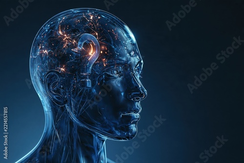 Artificial intelligence question mark head concept with glowing neural net