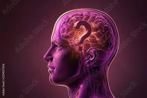 Human brain question mark profile silhouette glowing purple neural mind