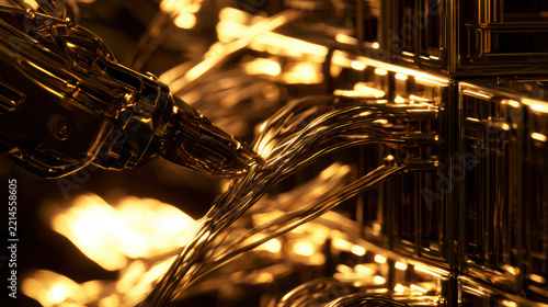 Robotic hand reaching through illuminated cables in a futuristic digital network. Artificial intelligence, automation and machine learning concept. Robotics, innovation and advanced