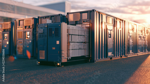 Modular data center units with enclosed server equipment in outdoor facility. Containerized computing infrastructure for cloud services. Edge computing and digital network technology.