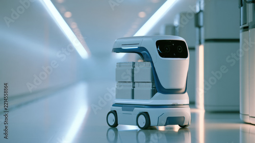 Autonomous delivery robot carrying containers in a modern corridor. New technology and robotics innovation. Artificial intelligence and intelligent automation. Future of logistics.