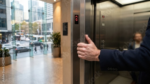Person holding elevator door open in modern corporate building lobby. Business office entrance