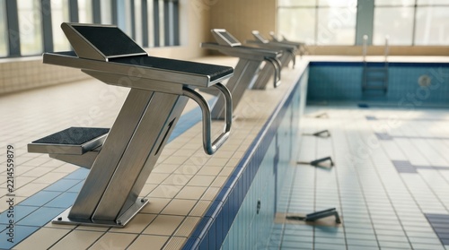 Starting blocks at an empty indoor swimming pool. Competitive sports facility starting platforms