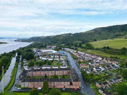 Aerial, drone view of Alexandria in Scotland.