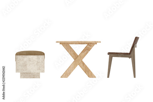3d render table and chair decoration concept on white background