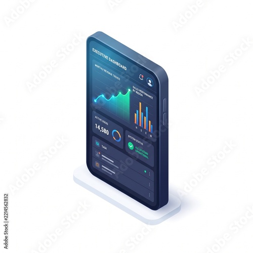 Isometric 3D smartphone displaying an executive business dashboard with financial charts data analytics and system performance metrics on a dark interface isolated on a white background.